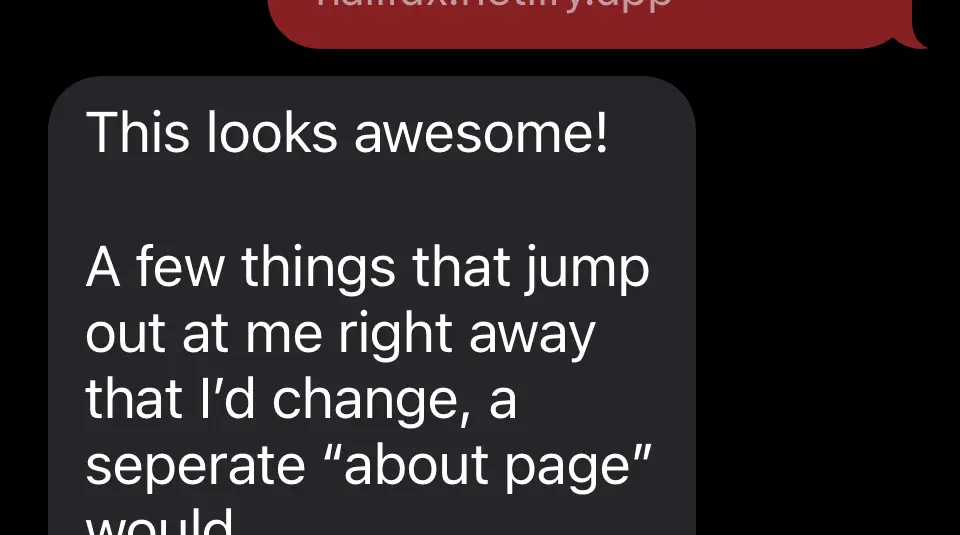 Client message: This looks awesome! Followed by a suggestion for a separate about page. The message is cut off in the supplied screenshot.