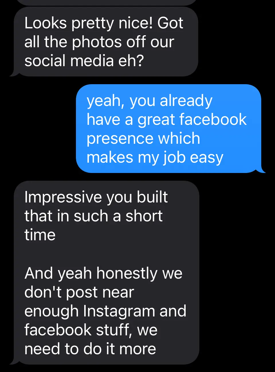 Conversation about using social media photos for the website. Client message: Impressive you built that in such a short time.